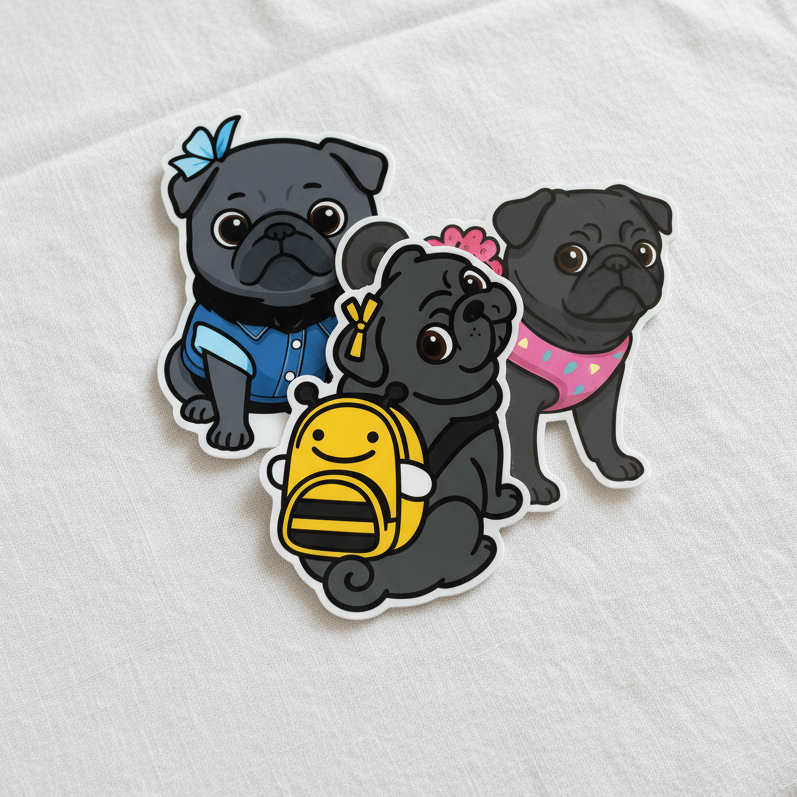 Little Bea Collectible Premium Vinyl Sticker Megapack, 14-Piece Black Pug Collector Set (7 Large + 7 Mini)