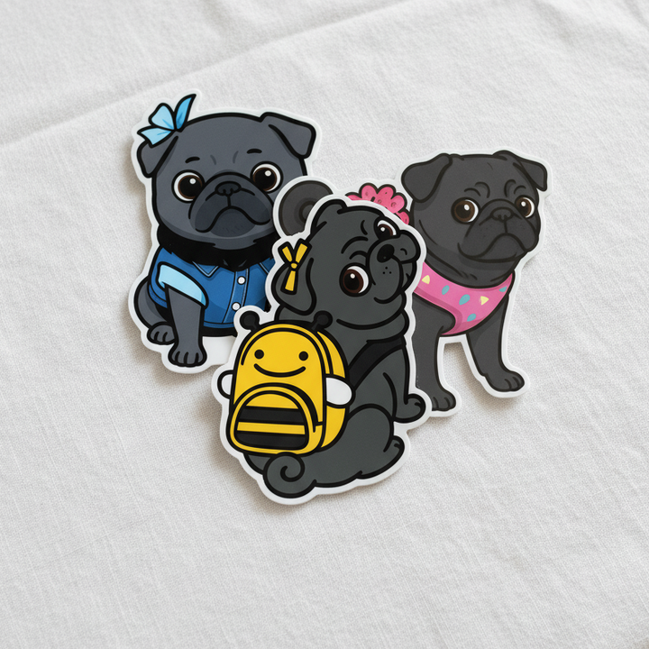 Little Bea Collectible Premium Vinyl Sticker Megapack, 14-Piece Black Pug Collector Set (7 Large + 7 Mini)