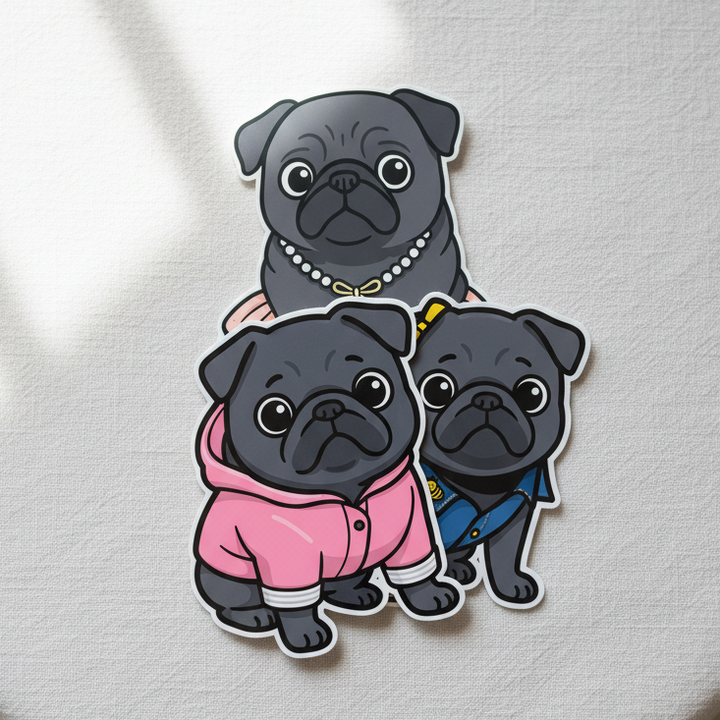 Little Bea Collectible Premium Vinyl Sticker Megapack, 14-Piece Black Pug Collector Set (7 Large + 7 Mini)