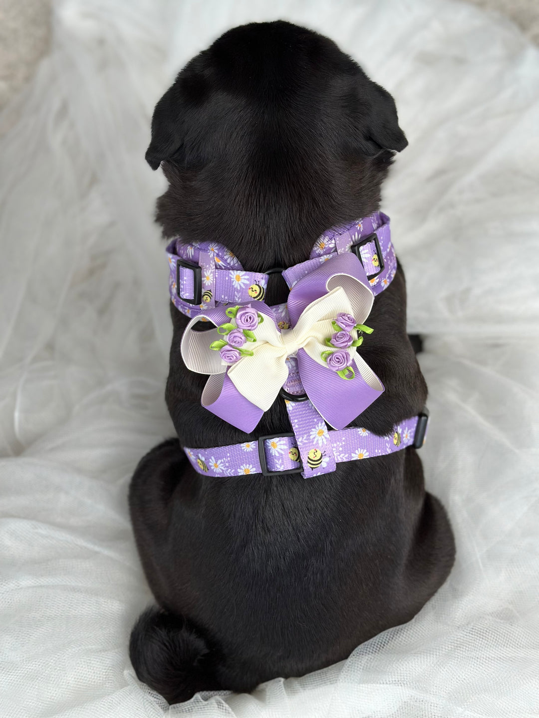 Little Pug Bea in Purple Posies Harness Bow Charm