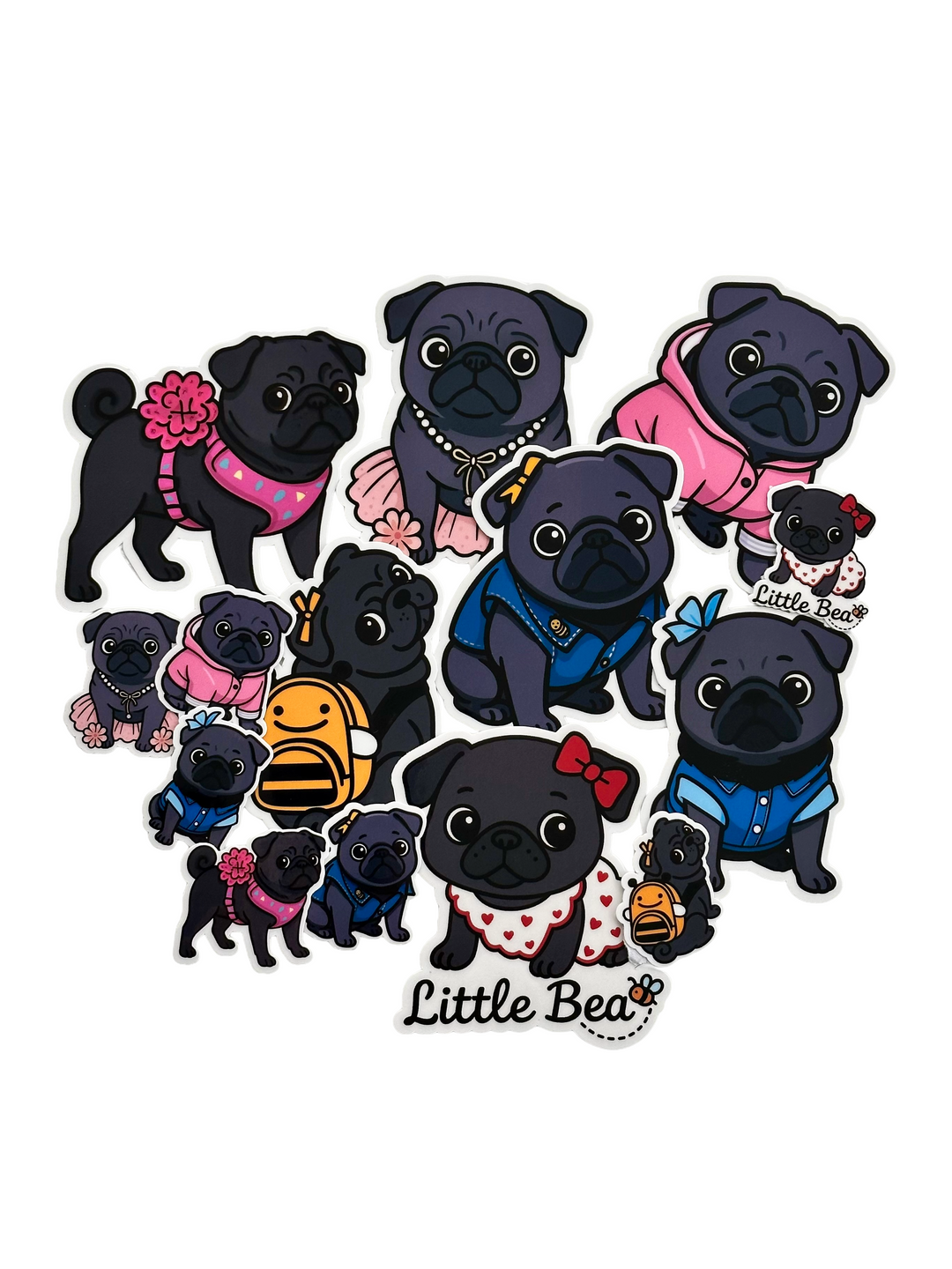 Little Bea Collectible Premium Vinyl Sticker Megapack, 14-Piece Black Pug Collector Set (7 Large + 7 Mini)