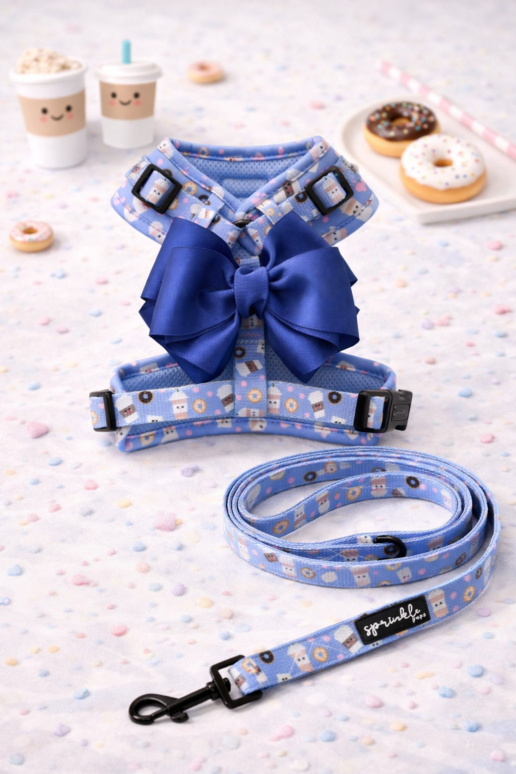 Bundle - I Love You a Latte Matching Harness, Leash and Harness Charm Bow