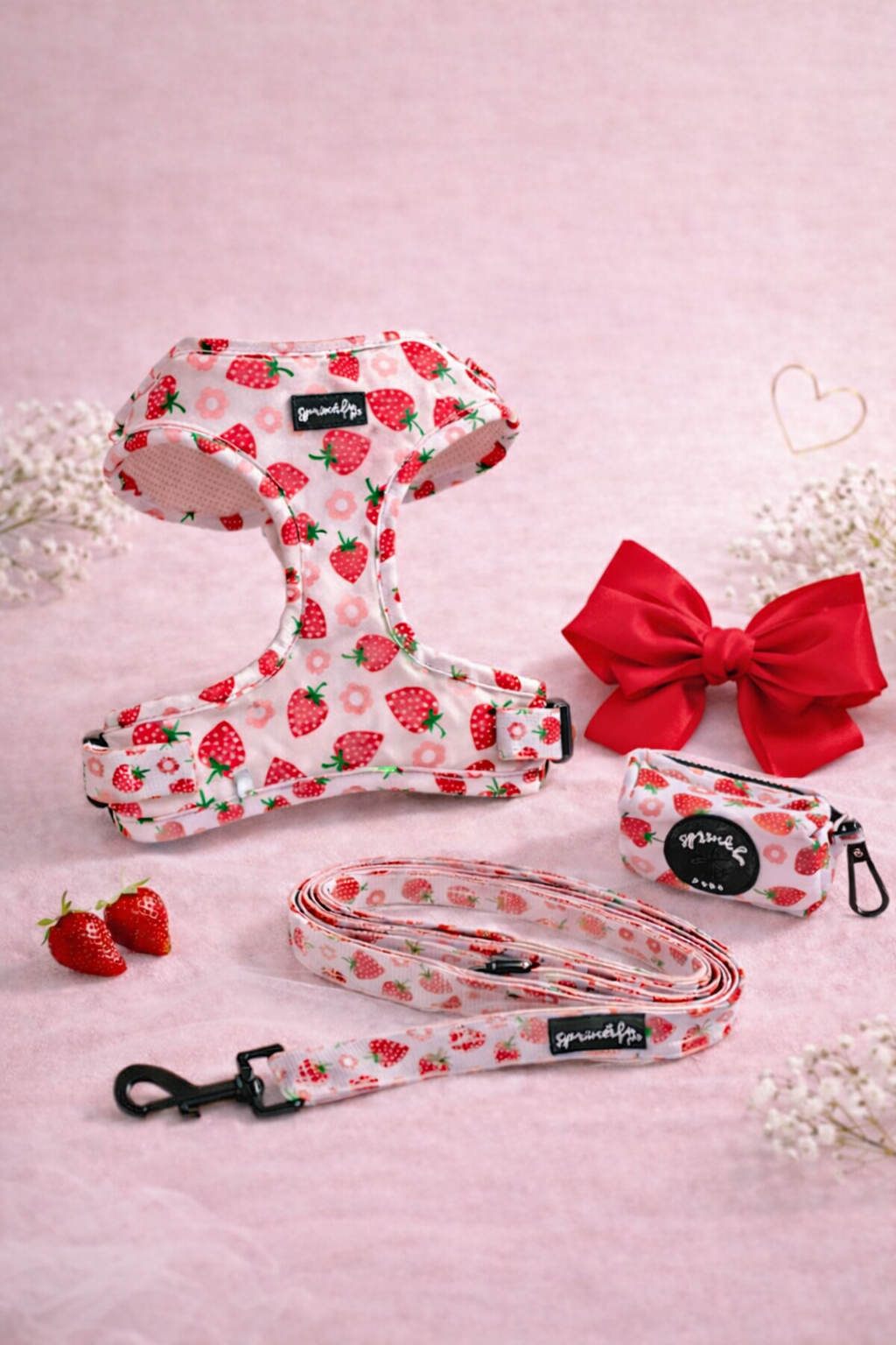 Bundle - Strawberry Shortcake Matching Harness, Leash, Poo Bag Holder and Harness Charm Bow