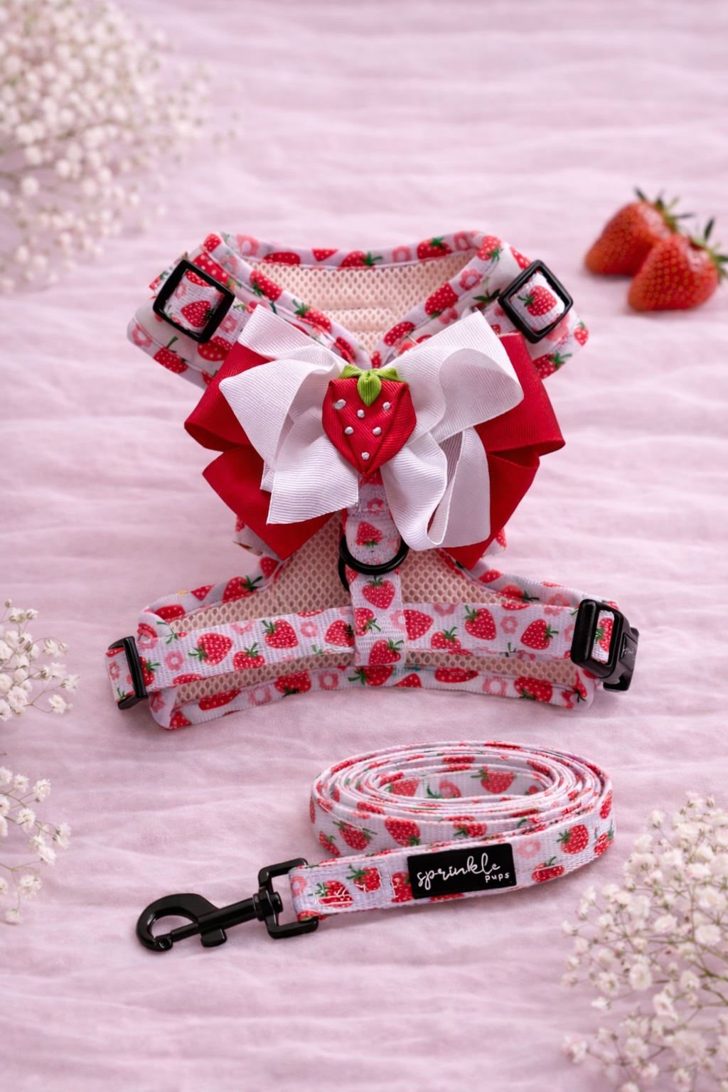Bundle - Strawberry Shortcake Matching Harness, Leash and Harness Charm Bow