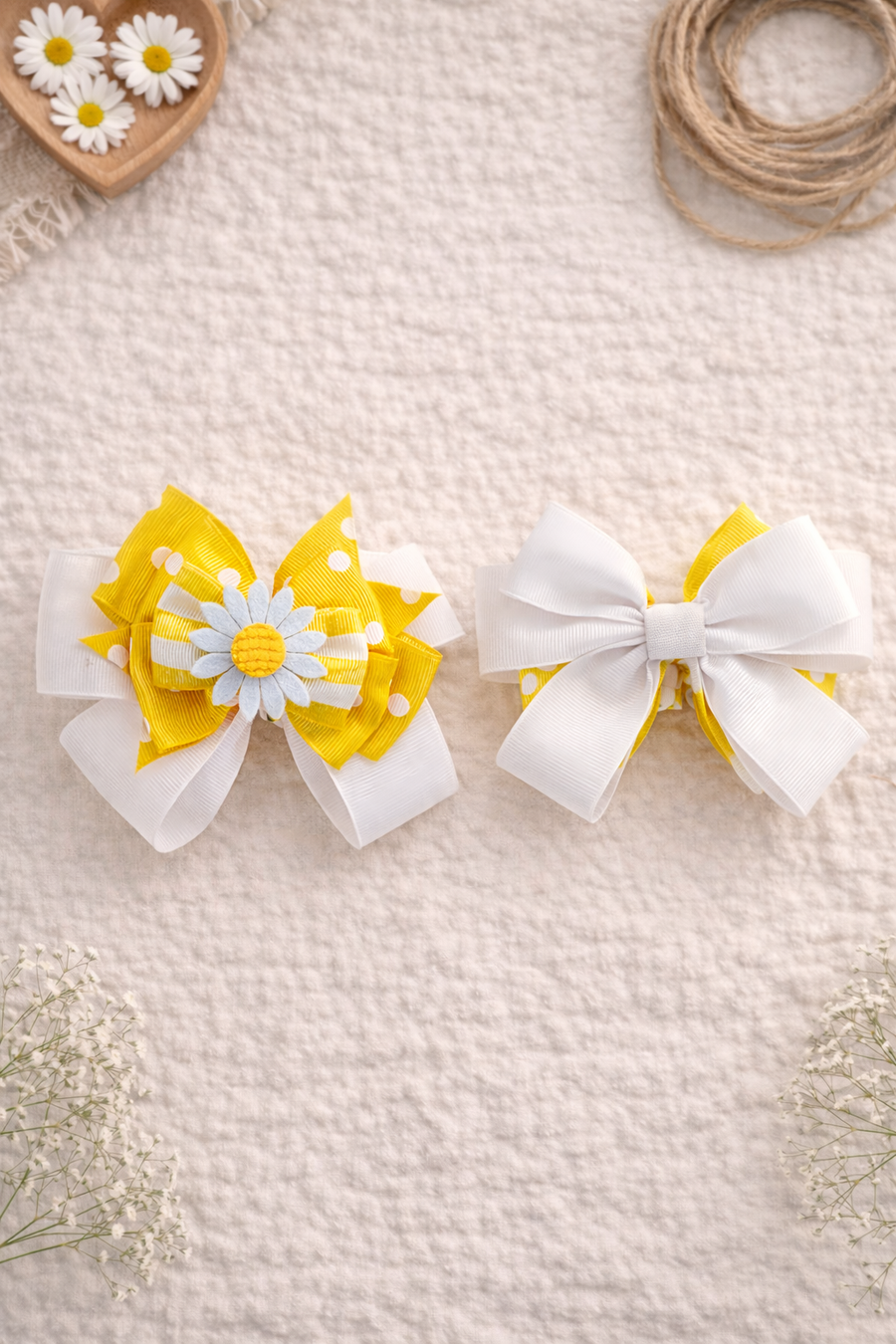 Two white hair bows with yellow centers on a textured beige surface.