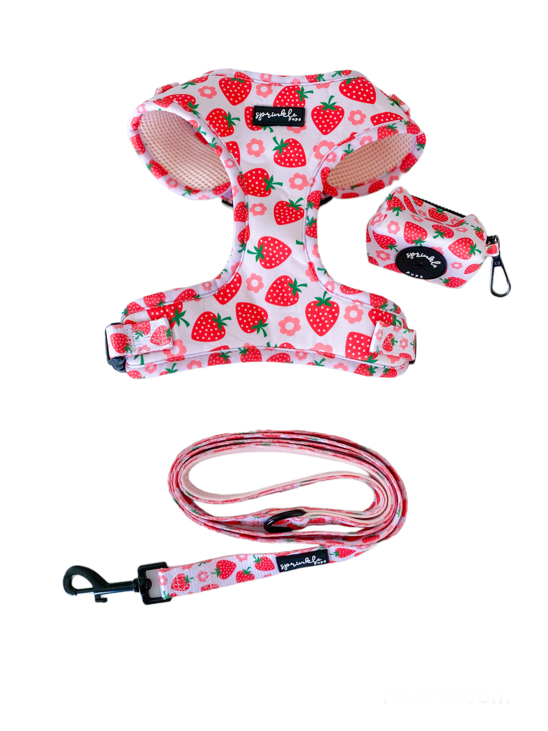 Matching Adjustable Dog Harness, Leash, Poo Bag Set - Strawberry Shortcake
