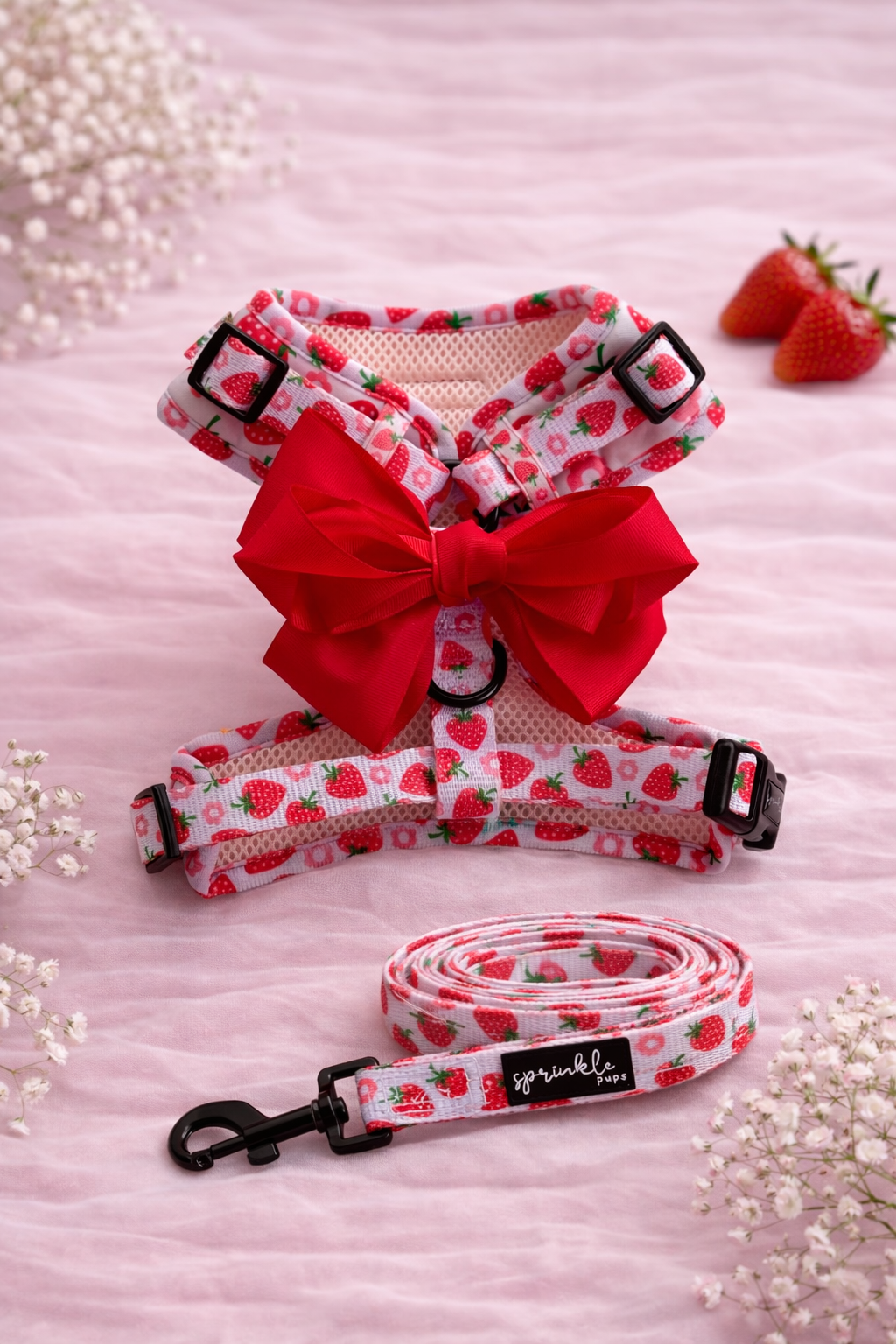 Bundle - Strawberry Shortcake Matching Harness, Leash and Harness Charm Bow