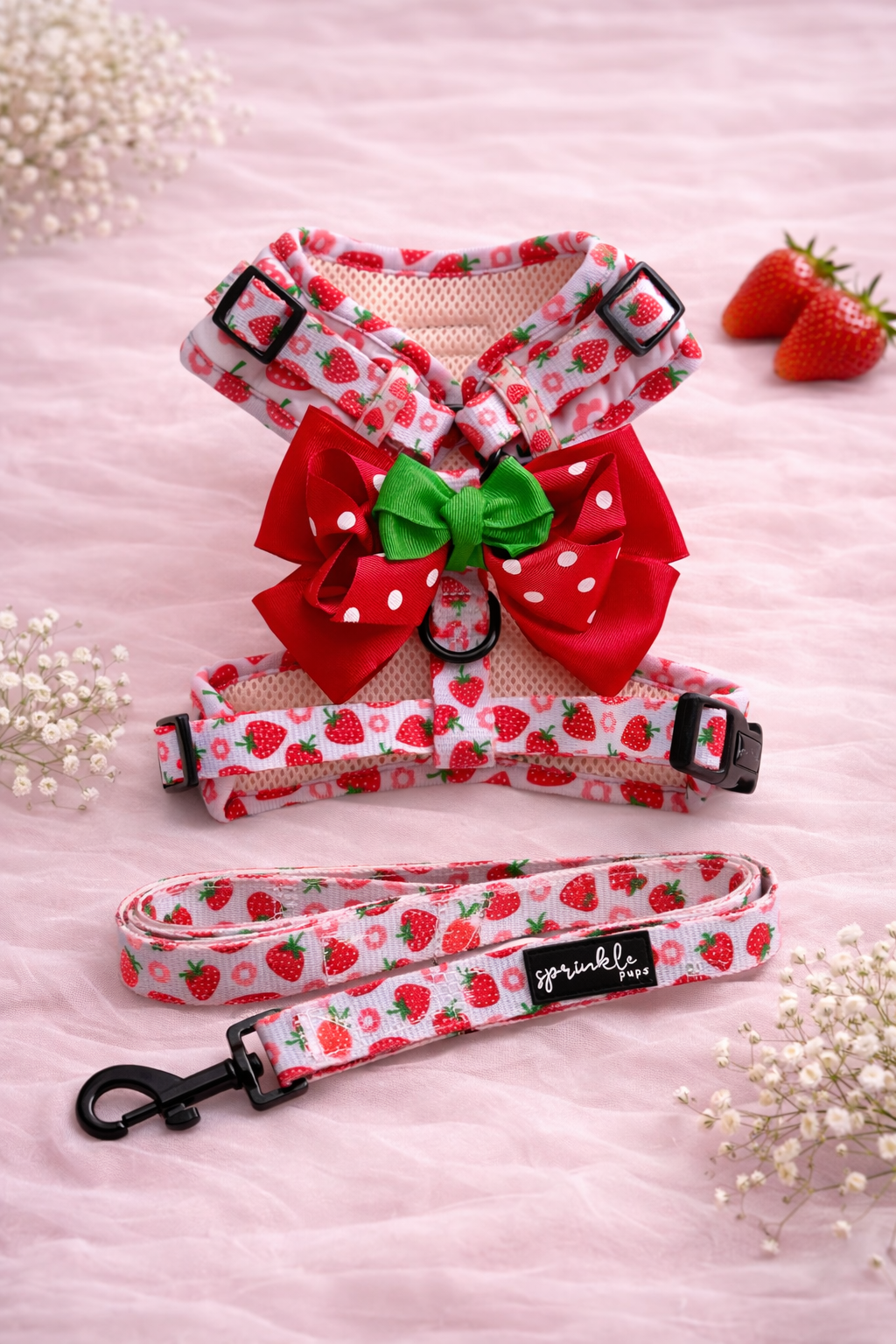 Bundle - Strawberry Shortcake Matching Harness, Leash and Harness Charm Bow